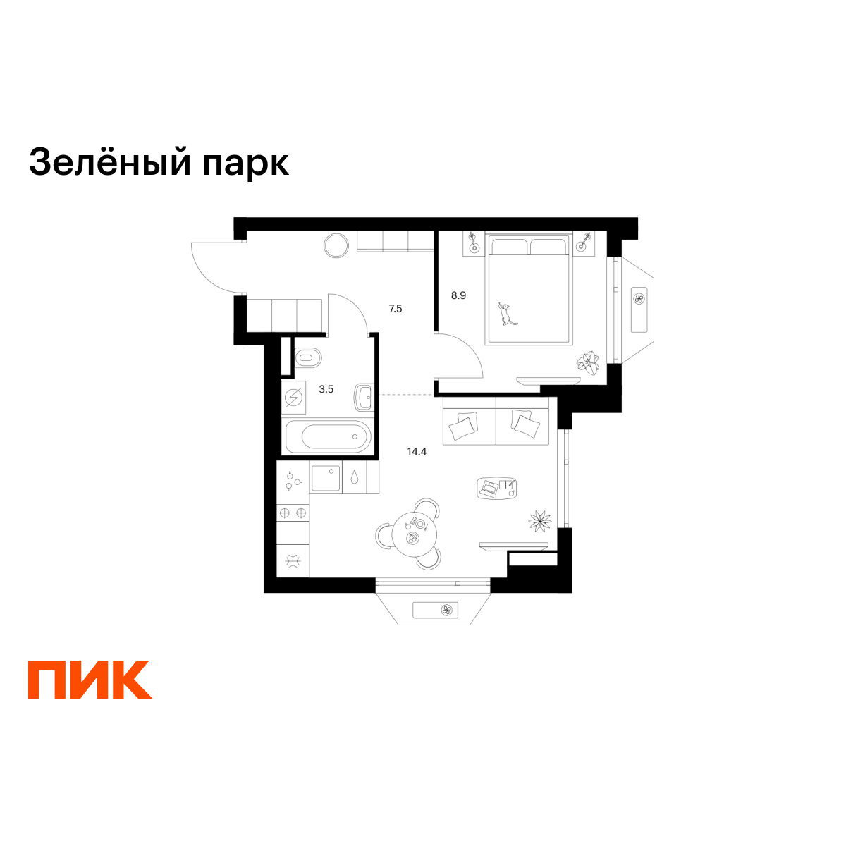 1-комнатная, 34.3 м2, Зелёный Парк 1-комнатная, 34.3 м2, Зелёный Парк
