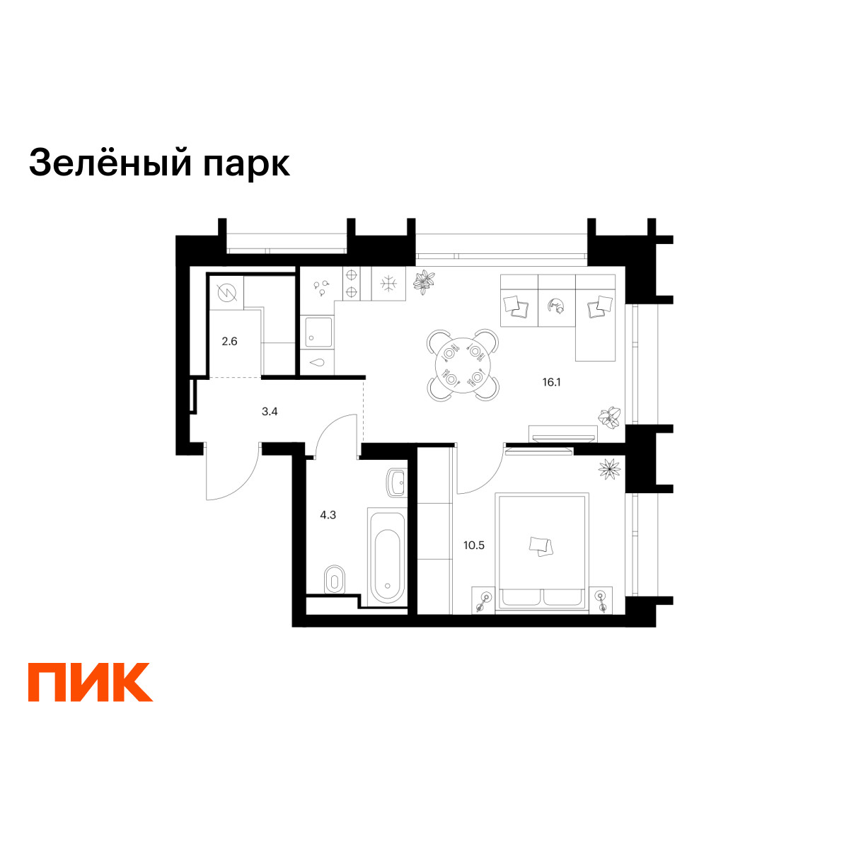 1-комнатная, 36.9 м2, Зелёный Парк
