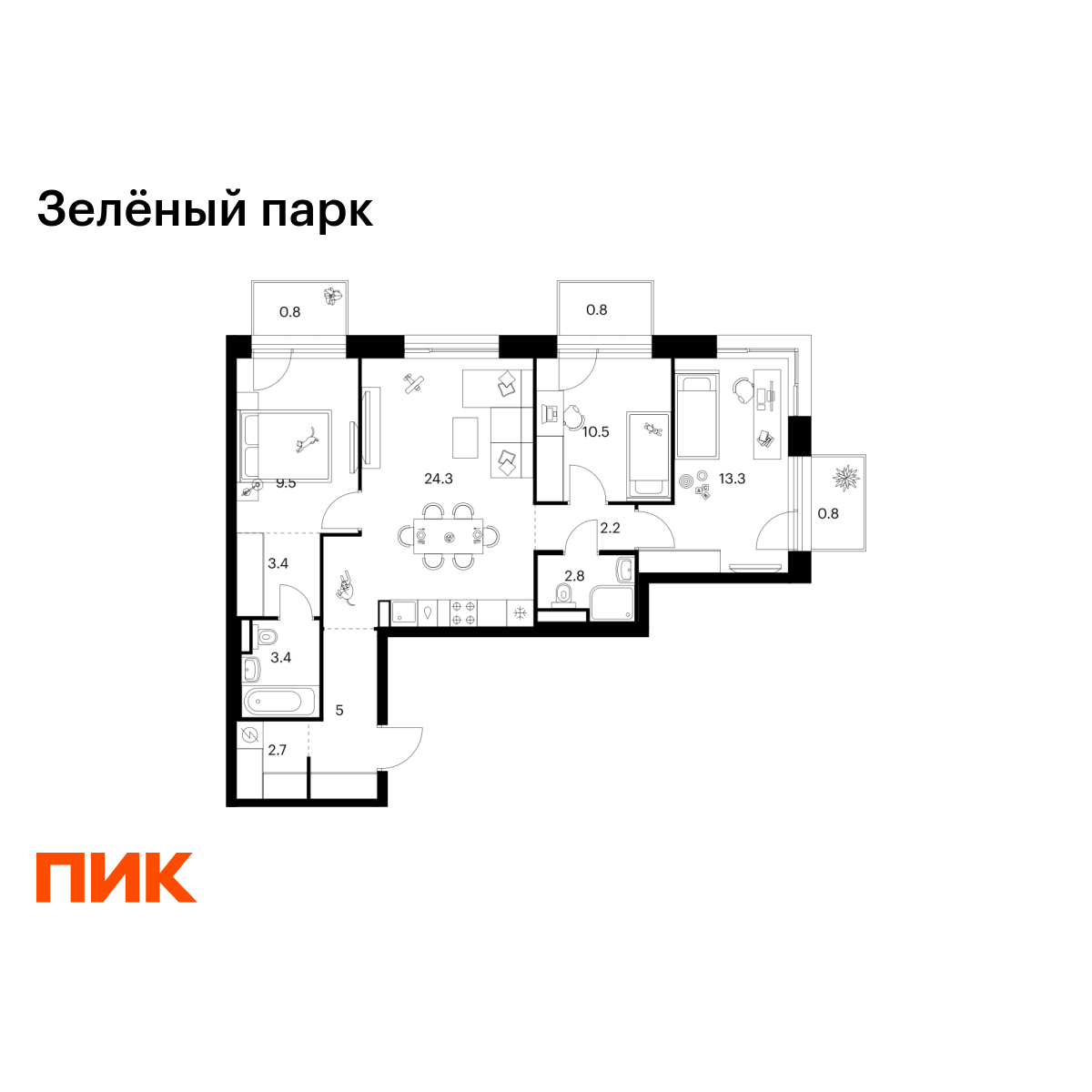 3-комнатная, 79.5 м2, Зелёный Парк 3-комнатная, 79.5 м2, Зелёный Парк