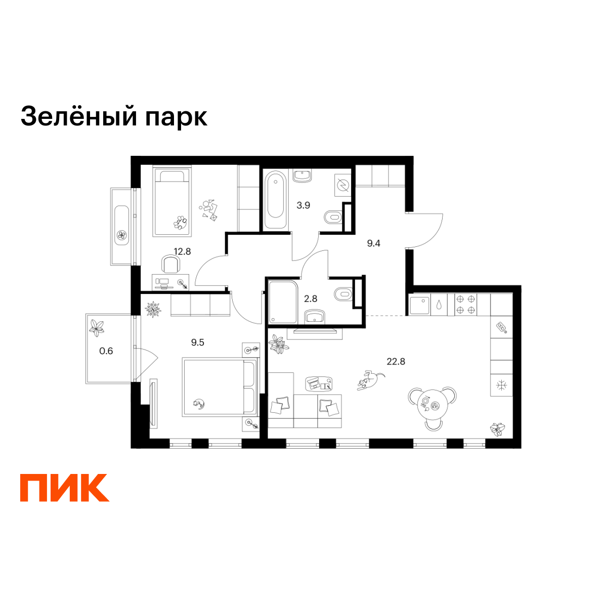 2-комнатная квартира, 61.8 кв.м, Зелёный Парк