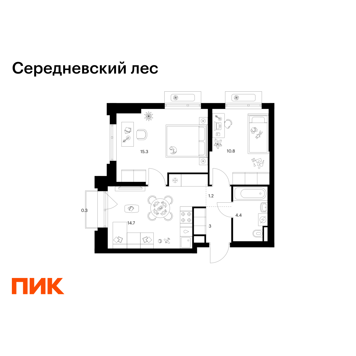 2-комнатная квартира, 49.7 кв.м, Середневский лес