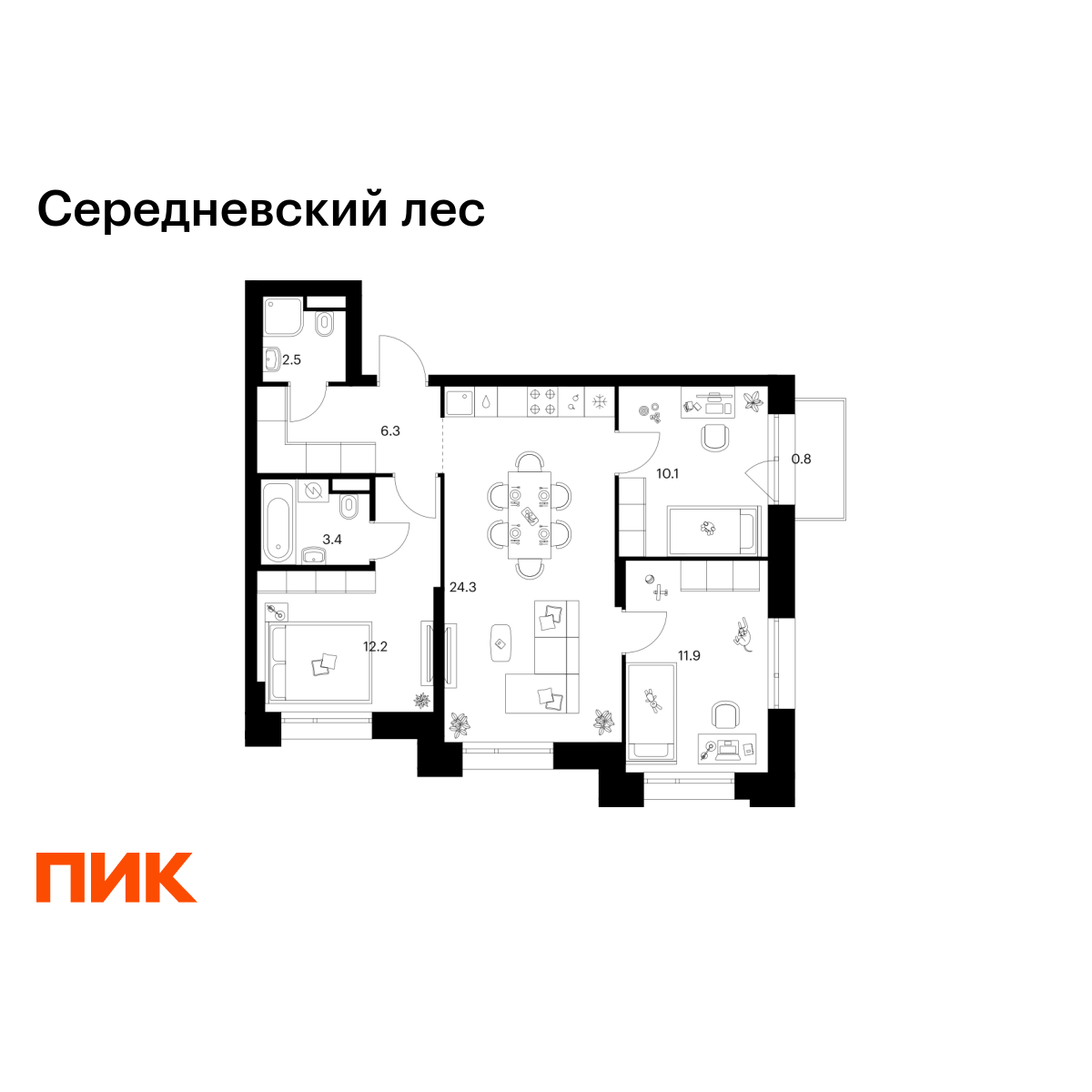 3-комнатная квартира, 71.5 кв.м, Середневский лес