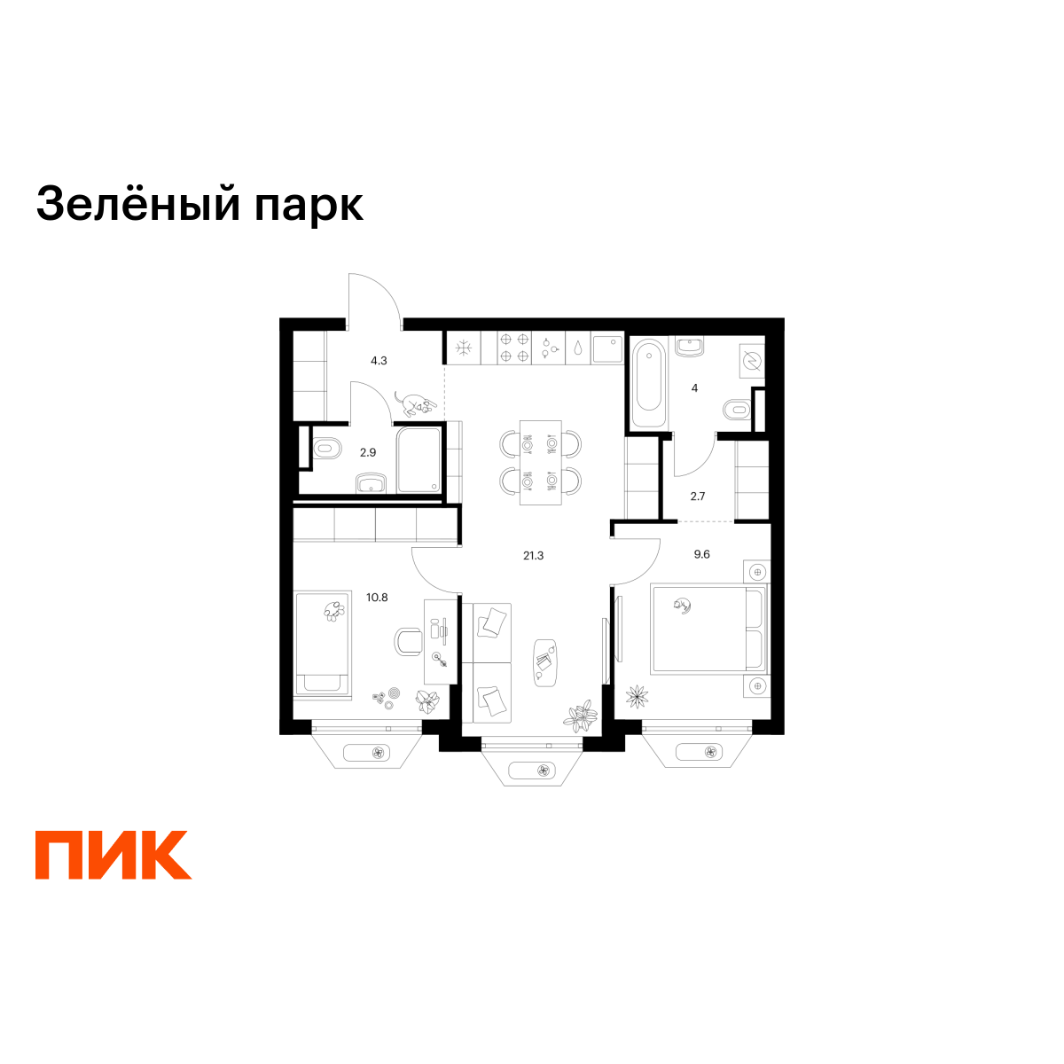 2-комнатная, 55.6 м2, Зелёный Парк 2-комнатная, 55.6 м2, Зелёный Парк