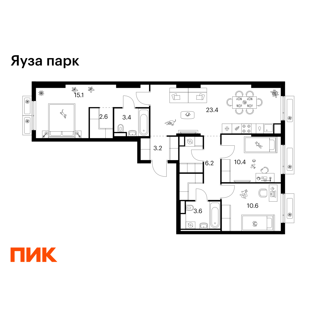 3-комнатная квартира, 81.4 кв.м, Яуза парк