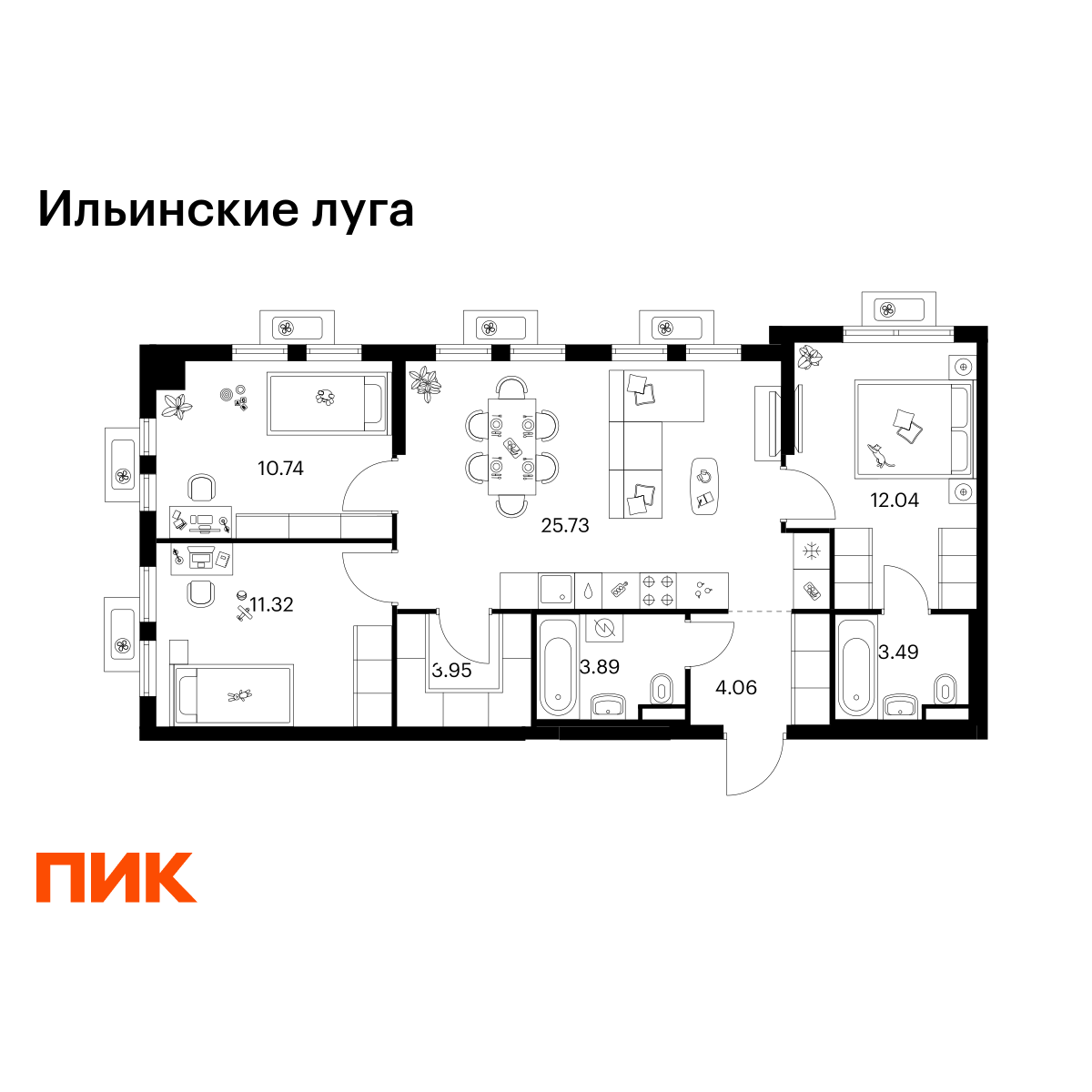 3-комнатная квартира, 75.22 кв.м, Ильинские луга