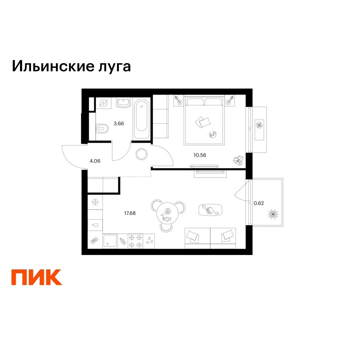 1-комнатная, 36.58 м2, Ильинские луга