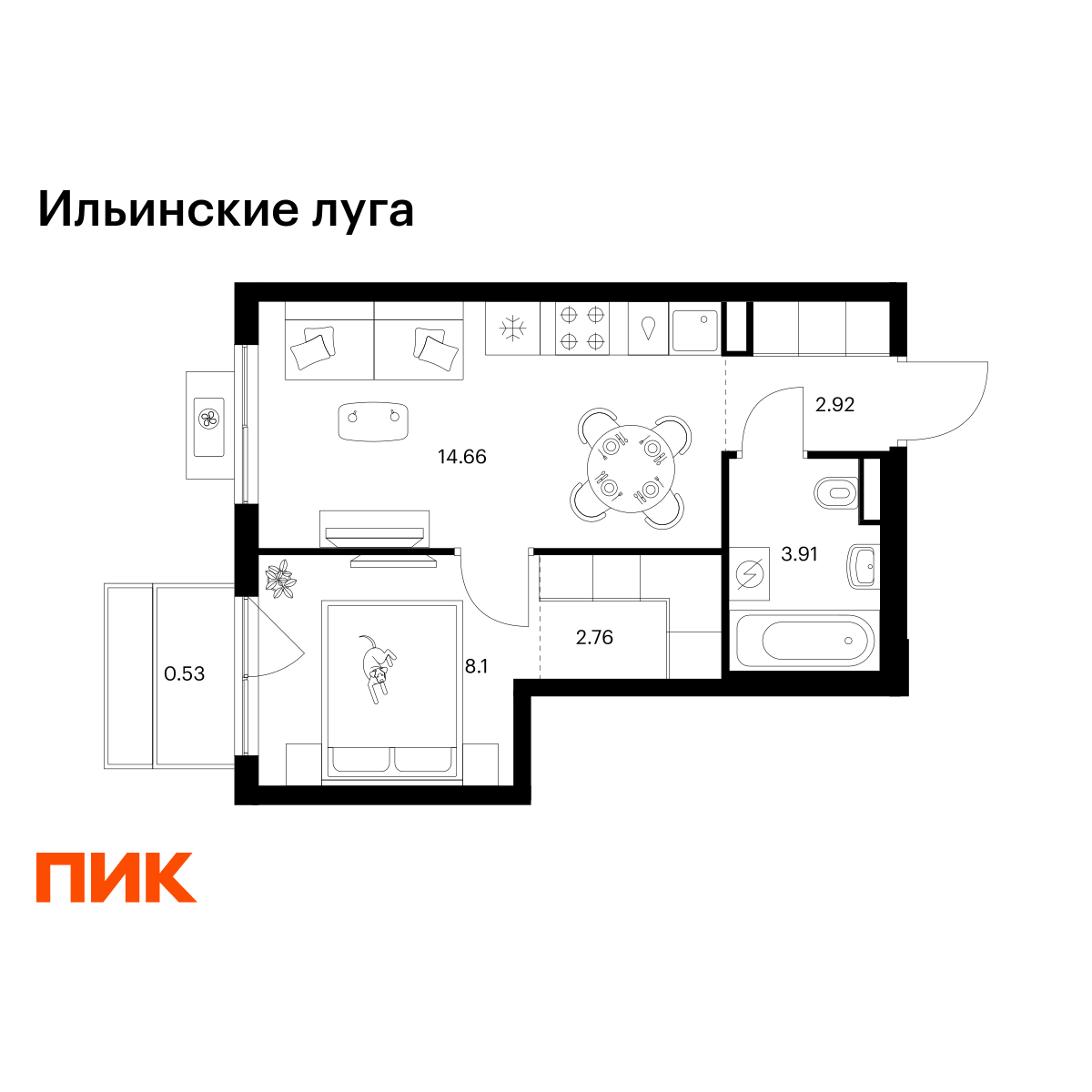1-комнатная, 32.88 м2, Ильинские луга