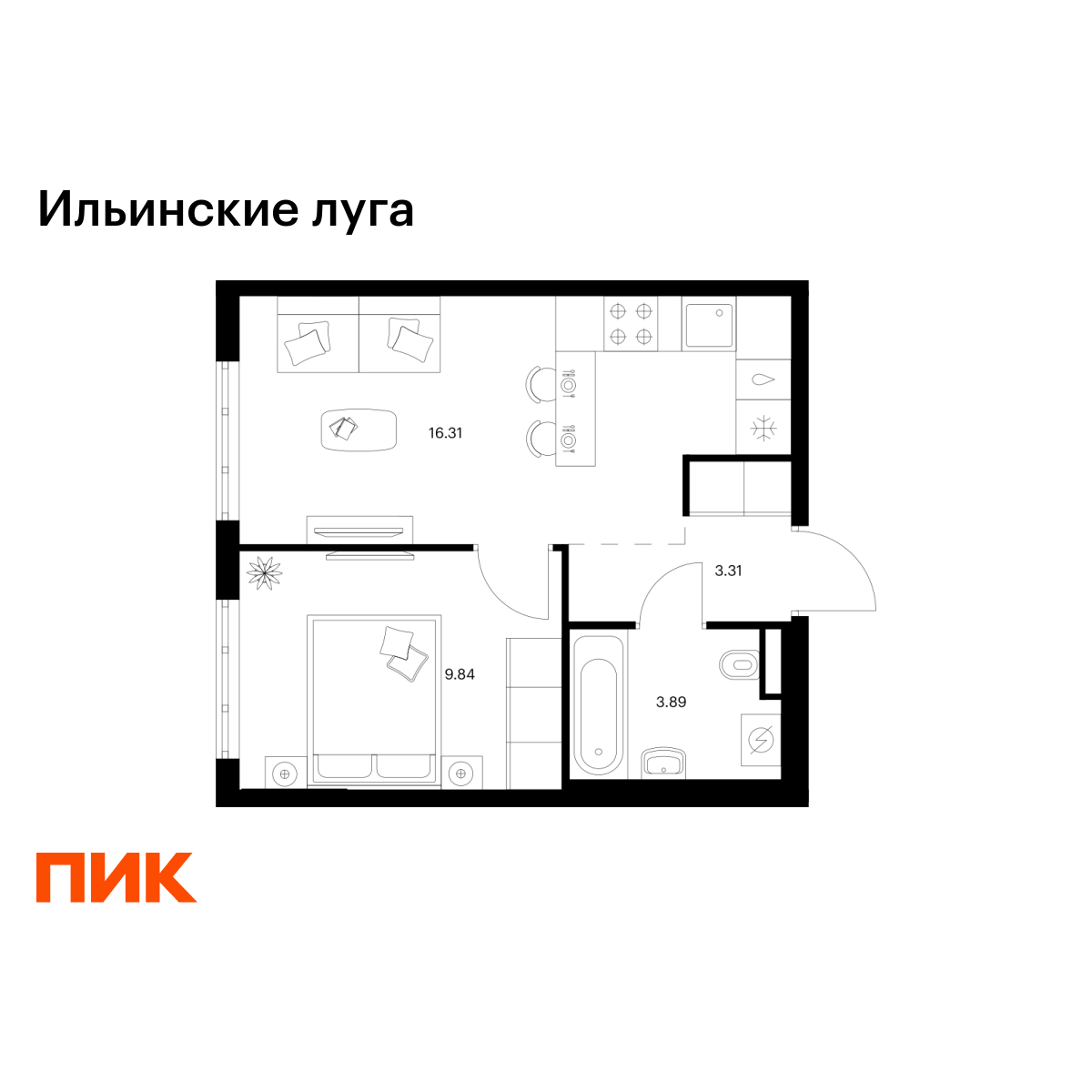 1-комнатная, 33.35 м2, Ильинские луга