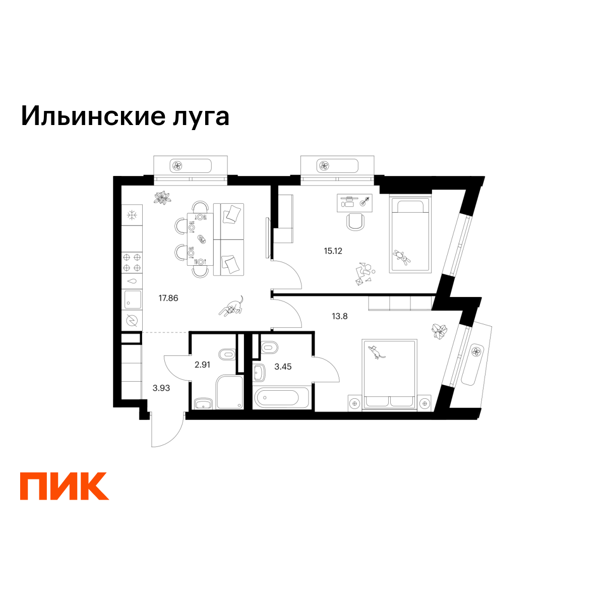 2-комнатная, 57.07 м2, Ильинские луга