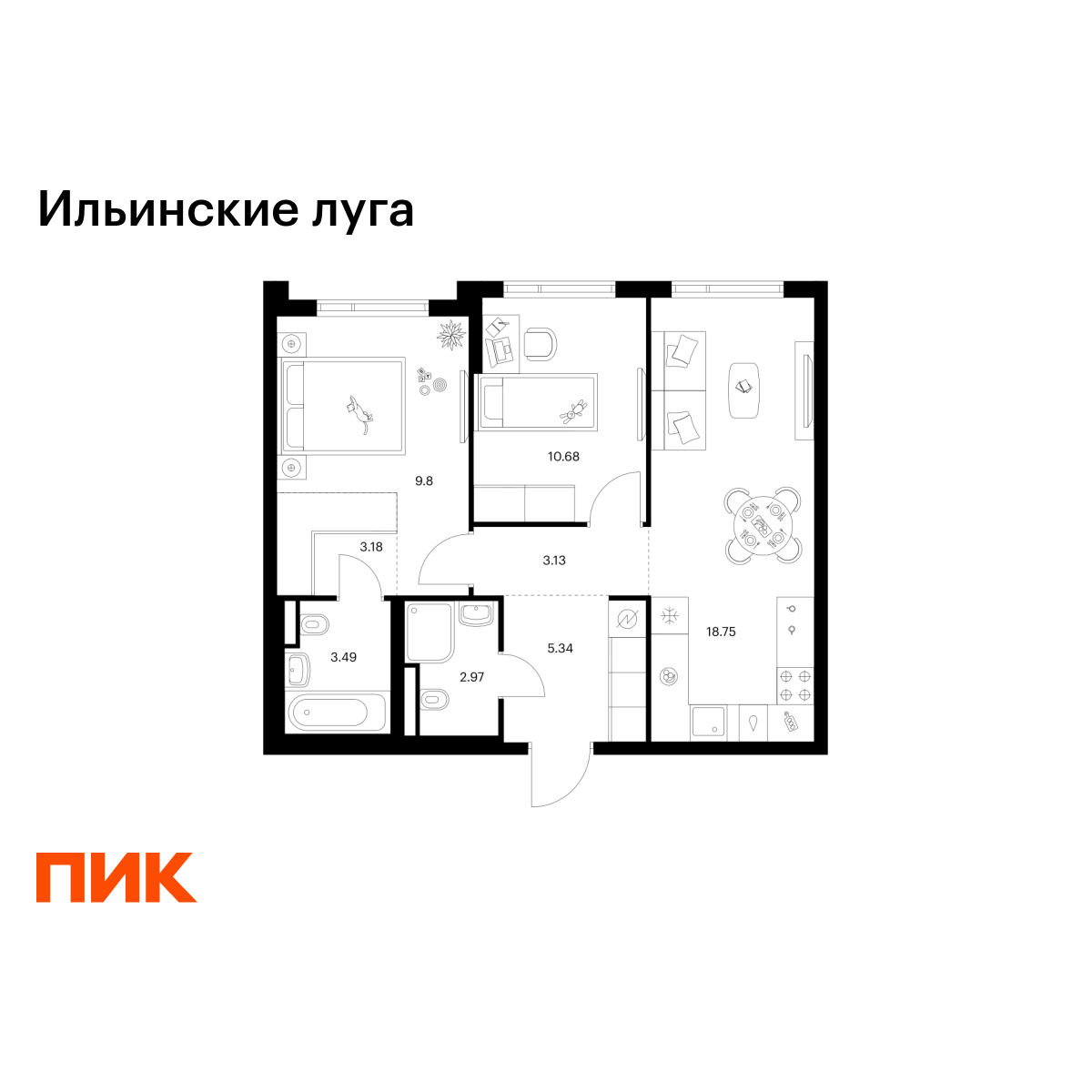2-комнатная квартира, 57.34 кв.м, Ильинские луга