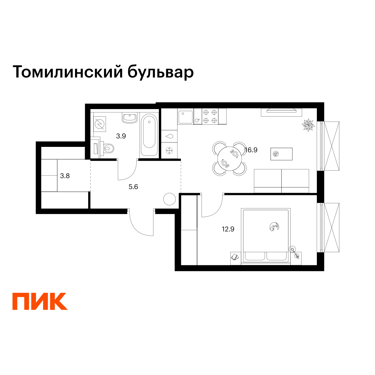 1-комнатная, 43.1 м2, Томилинский бульвар