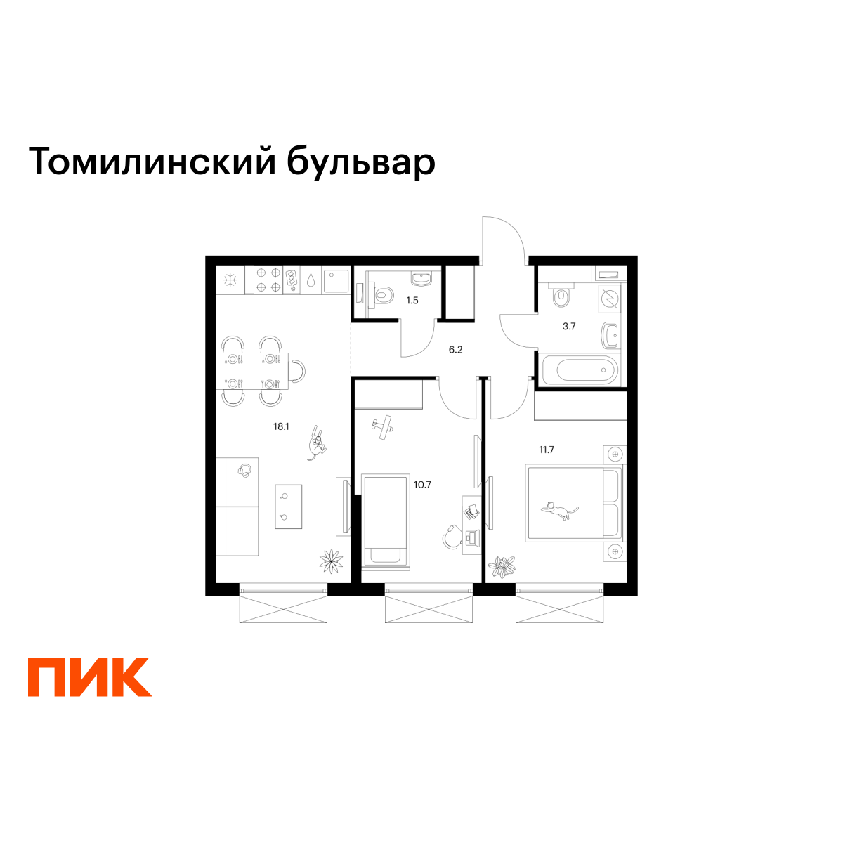 2-комнатная, 51.9 м2, Томилинский бульвар 2-комнатная, 51.9 м2, Томилинский бульвар
