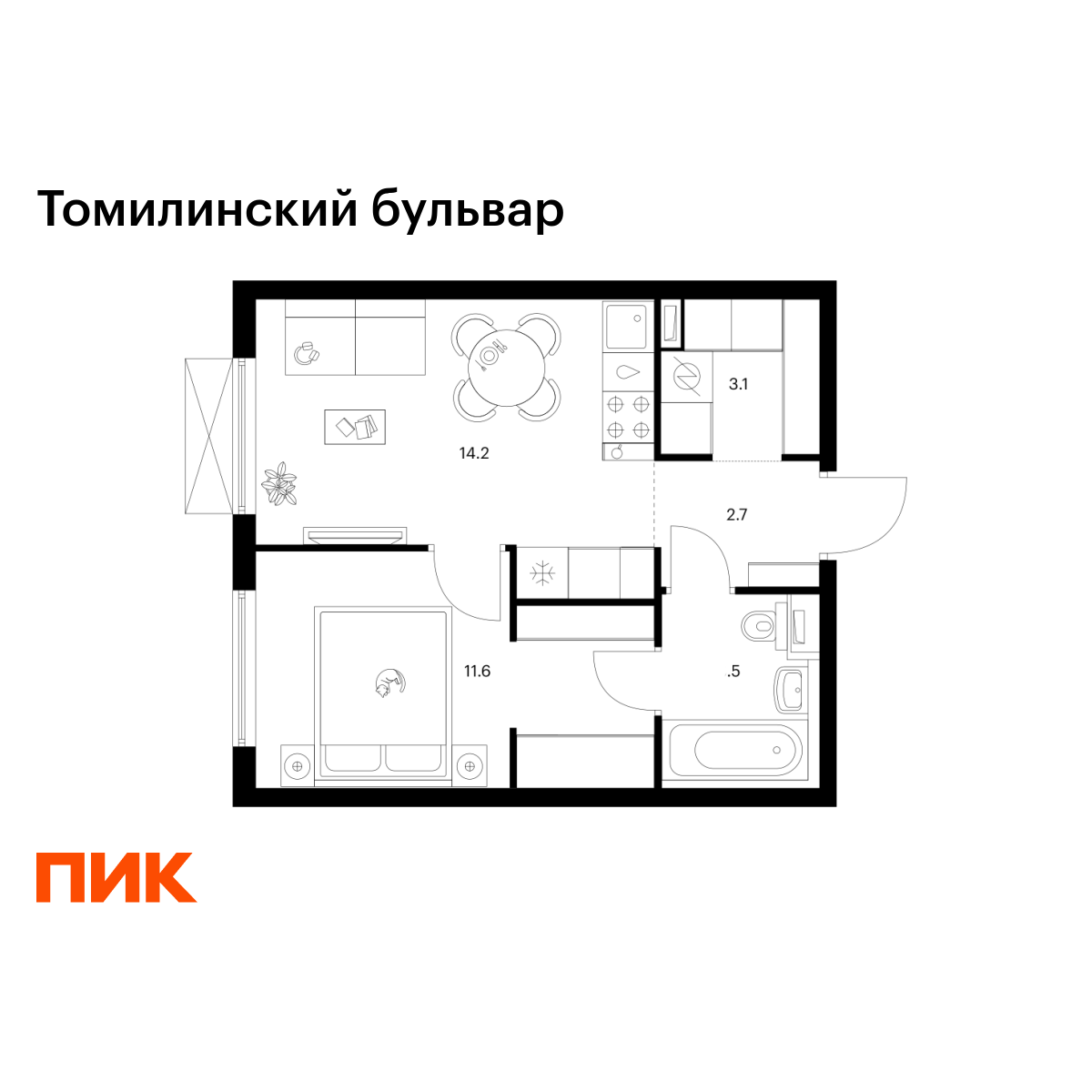 1-комнатная, 35.1 м2, Томилинский бульвар