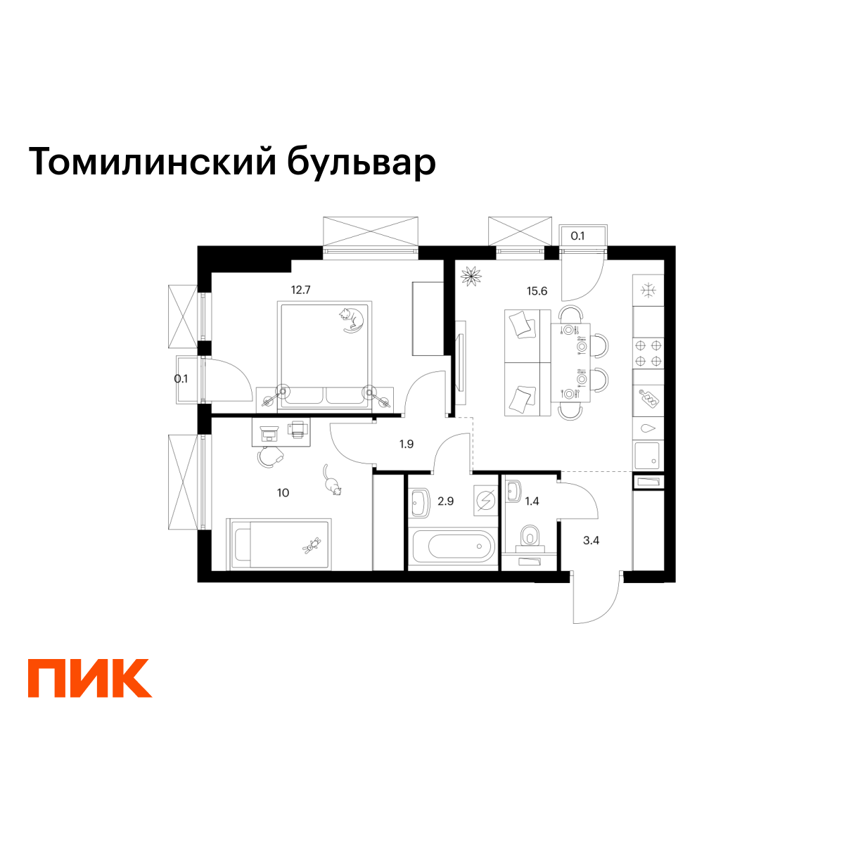 2-комнатная, 48.1 м2, Томилинский бульвар 2-комнатная, 48.1 м2, Томилинский бульвар