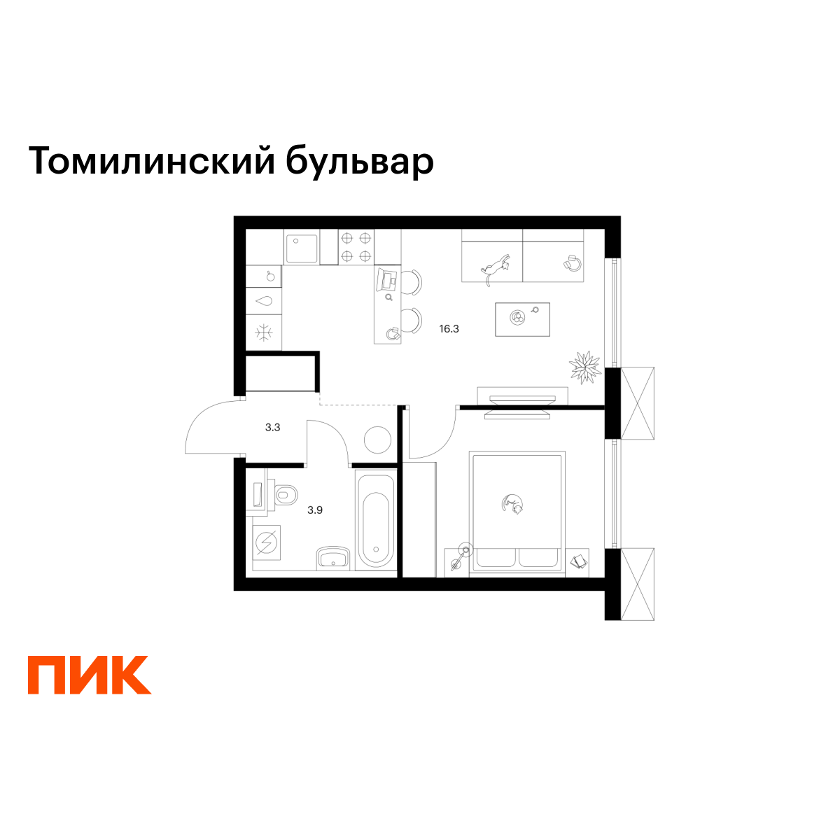 1-комнатная, 32.8 м2, Томилинский бульвар 1-комнатная, 32.8 м2, Томилинский бульвар