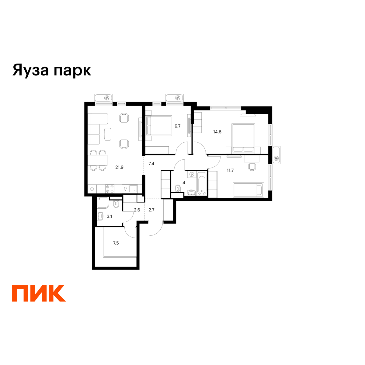 3-комнатная квартира, 85.2 кв.м, Яуза парк