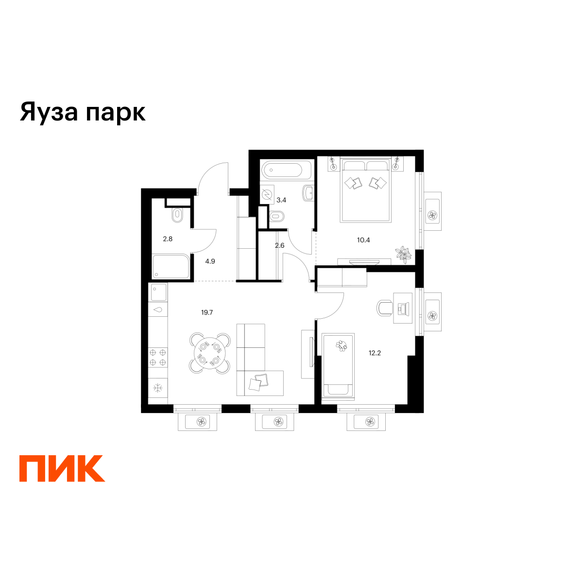 2-комнатная, 56 м2, Яуза парк