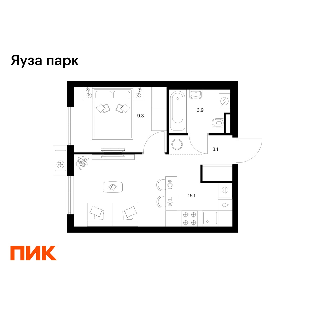 1-комнатная, 32.4 м2, Яуза парк