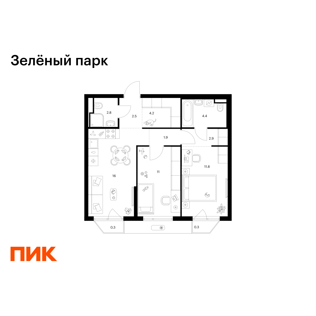 2-комнатная, 58.1 м2, Зелёный Парк 2-комнатная, 58.1 м2, Зелёный Парк