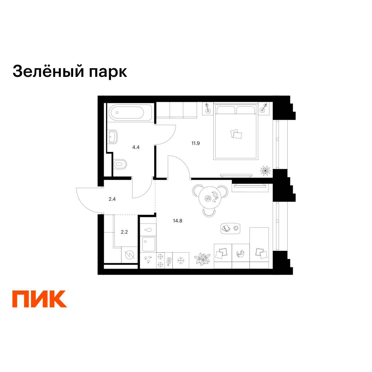 1-комнатная, 35.7 м2, Зелёный Парк