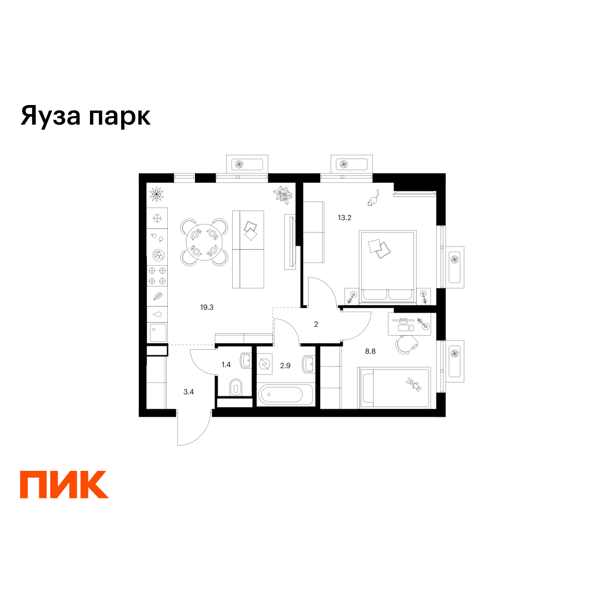 2-комнатная квартира, 51 кв.м, Яуза парк
