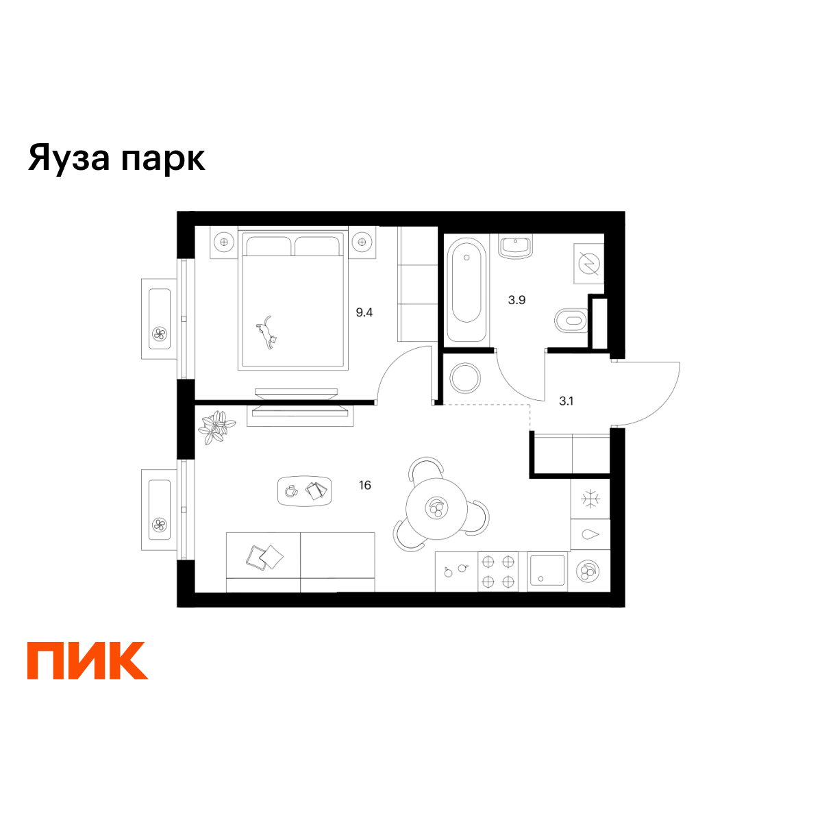 1-комнатная квартира, 32.4 кв.м, Яуза парк
