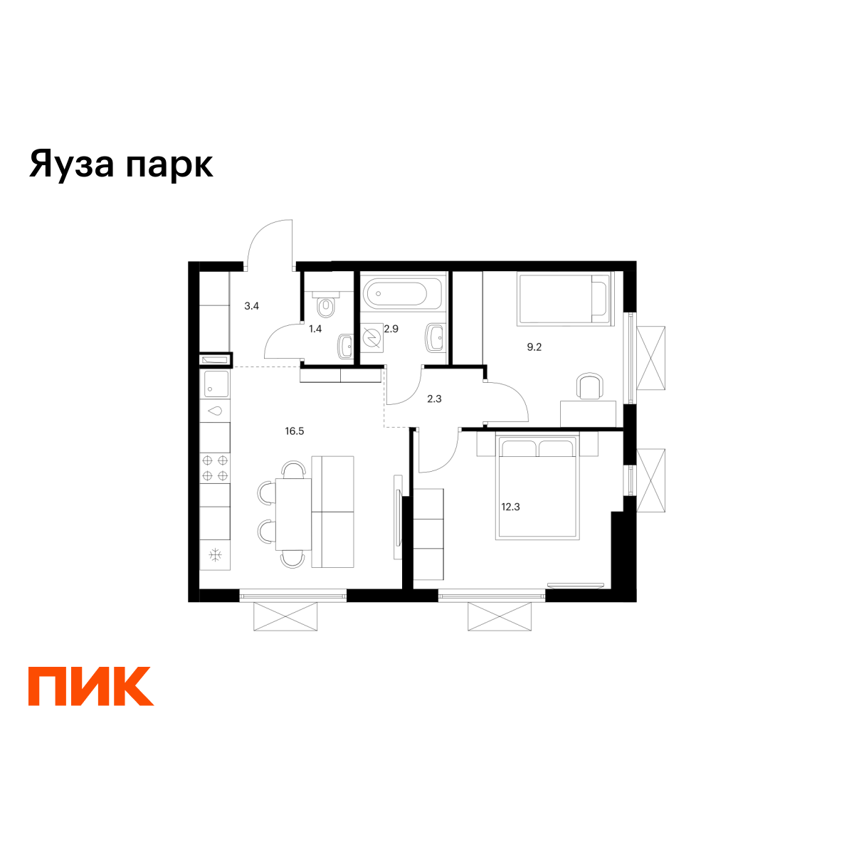 2-комнатная квартира, 48 кв.м, Яуза парк