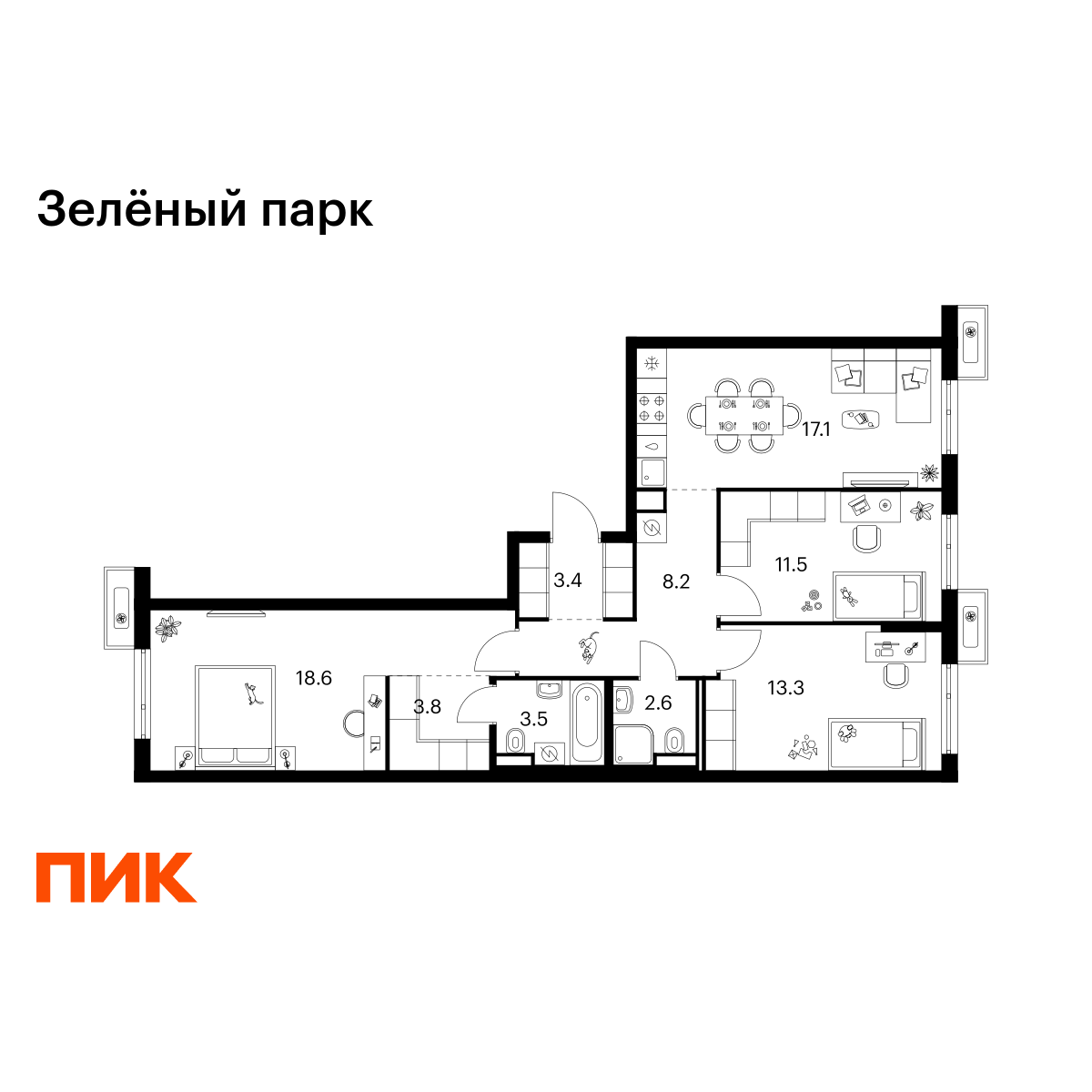 3-комнатная, 82 м2, Зелёный Парк