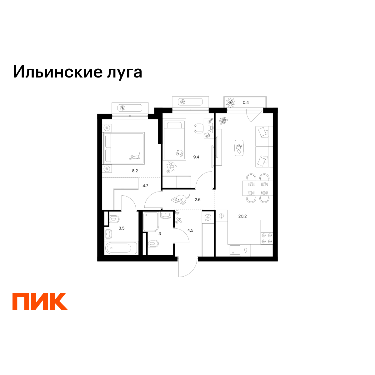 2-комнатная, 56.5 м2, Ильинские луга