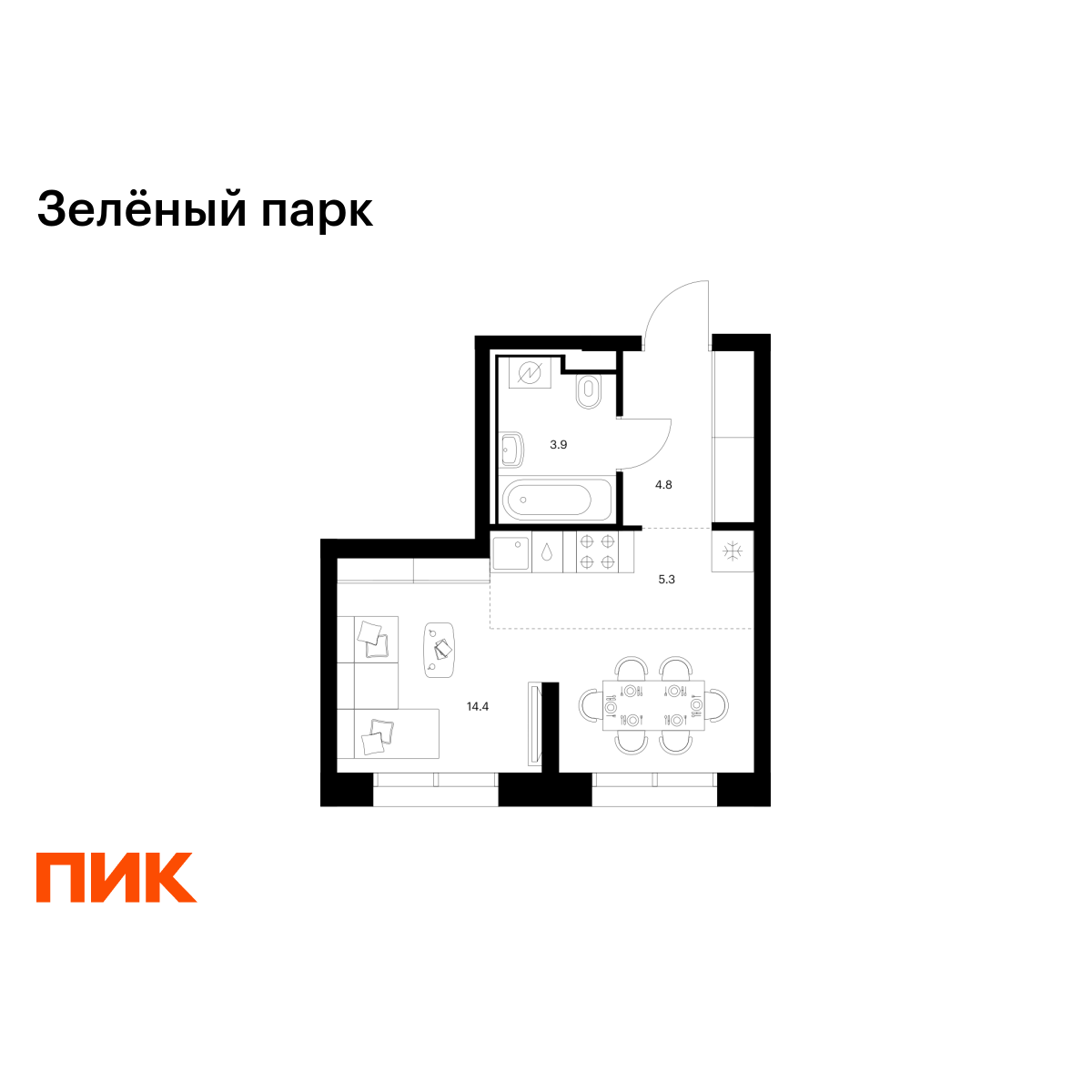 студия, 28.4 м2, Зелёный Парк