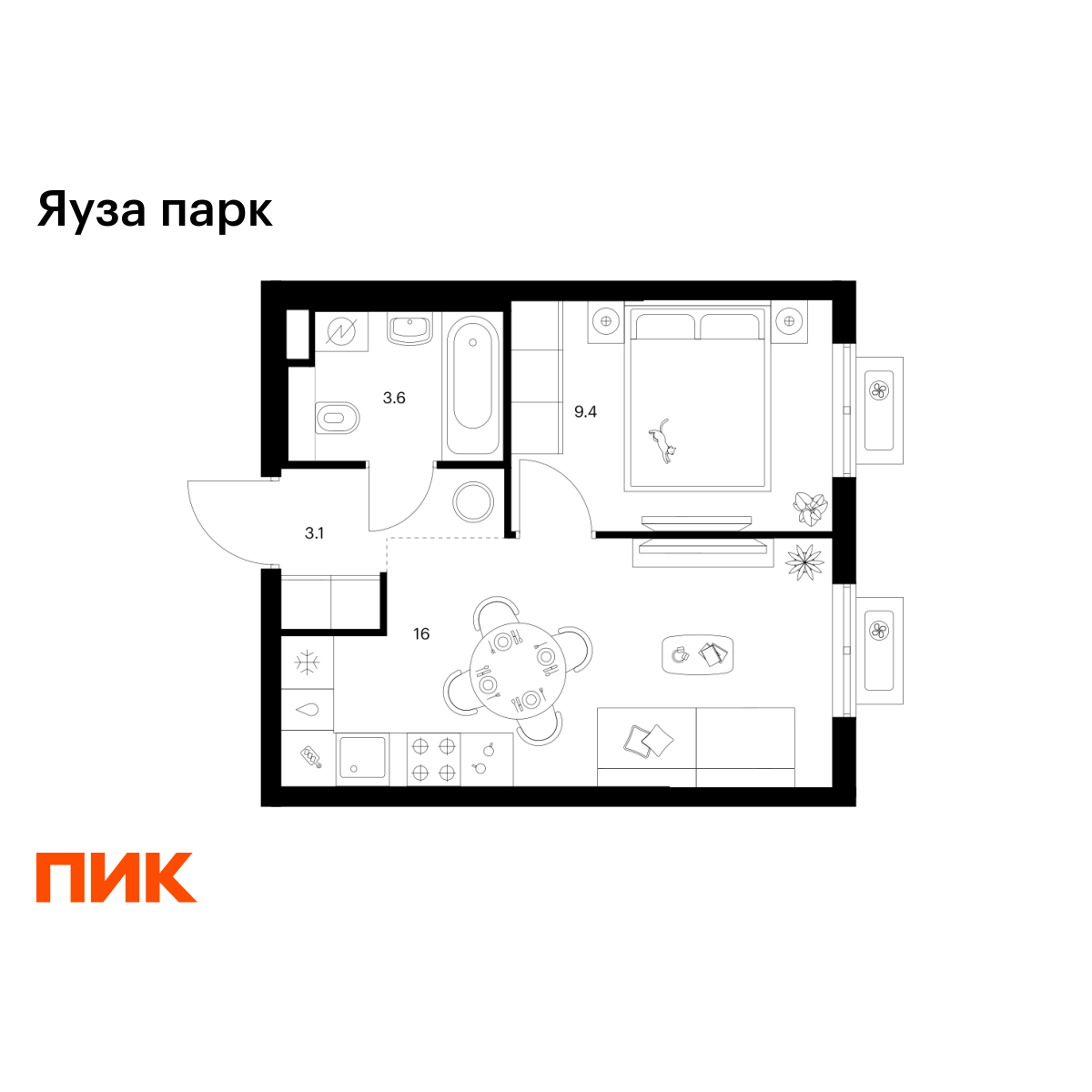1-комнатная, 32.1 м2, Яуза парк