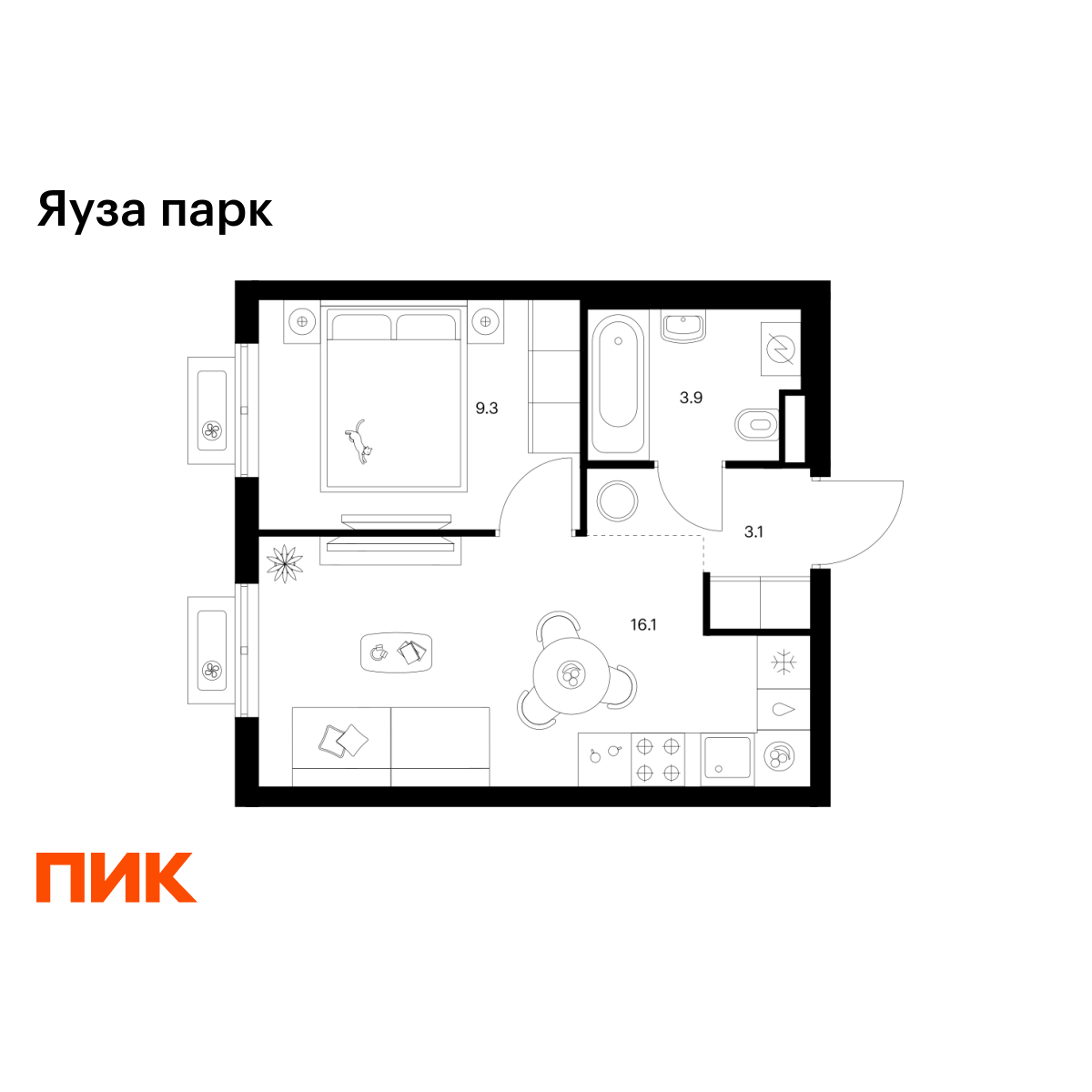 1-комнатная, 32.4 м2, Яуза парк