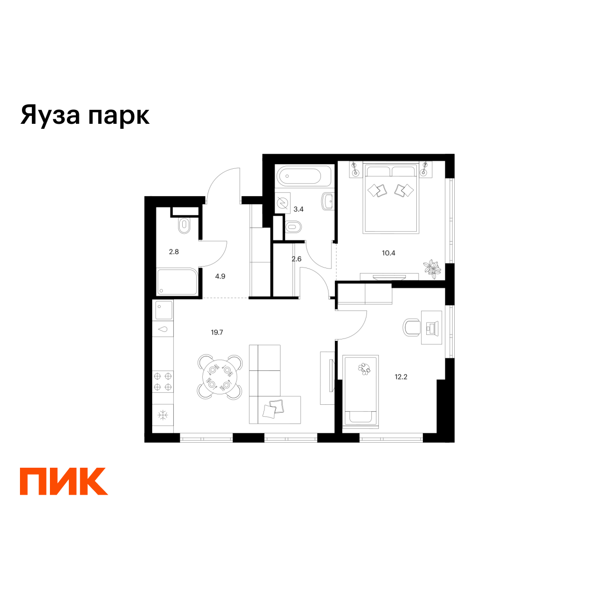 2-комнатная, 56 м2, Яуза парк