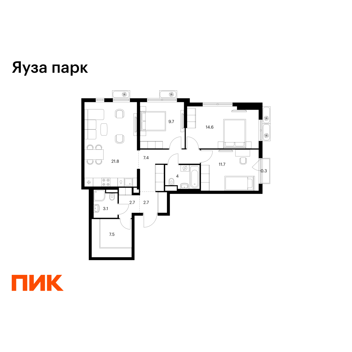 3-комнатная, 85.5 м2, Яуза парк