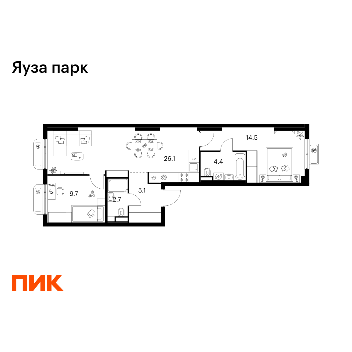 2-комнатная, 62.5 м2, Яуза парк
