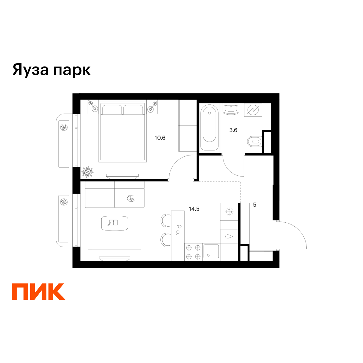 1-комнатная, 33.7 м2, Яуза парк 1-комнатная, 33.7 м2, Яуза парк