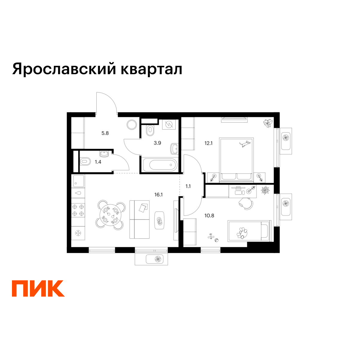 2-комнатная, 51.2 м², 23 этаж из 25, Ярославский квартал