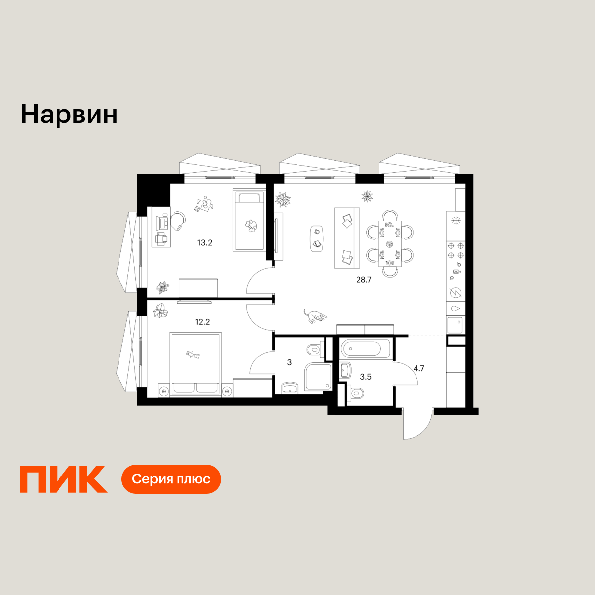 2-комнатная, 65.3 м2, Нарвин 2-комнатная, 65.3 м2, Нарвин