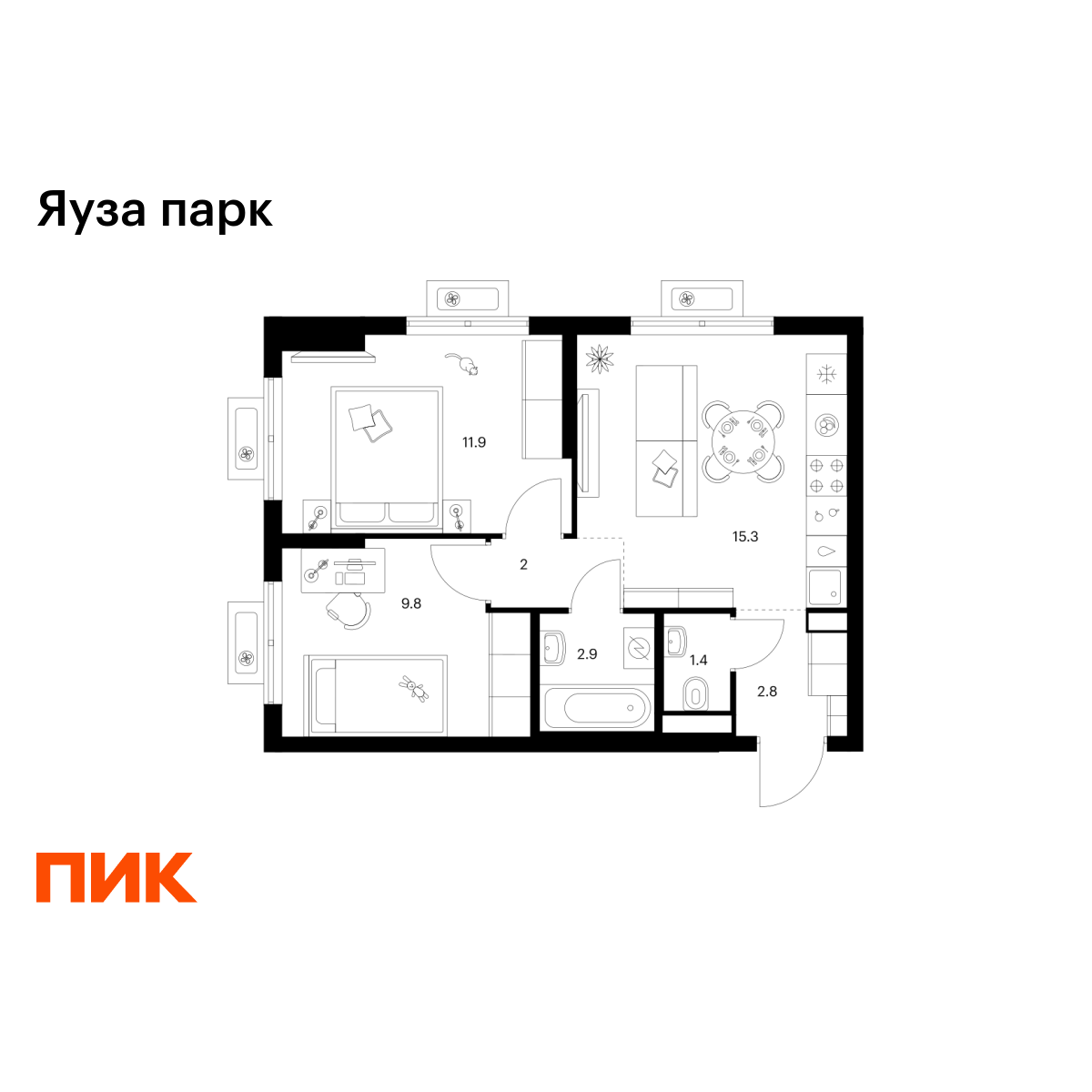 2-комнатная, 46.1 м2, Яуза парк