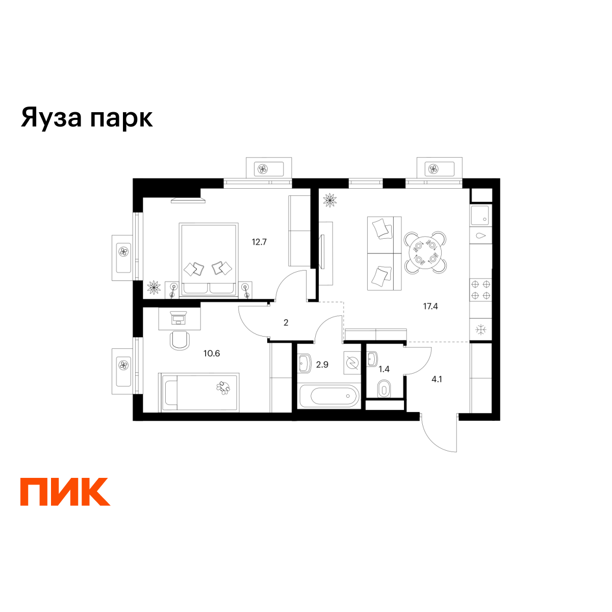 2-комнатная, 51.1 м2, Яуза парк 2-комнатная, 51.1 м2, Яуза парк