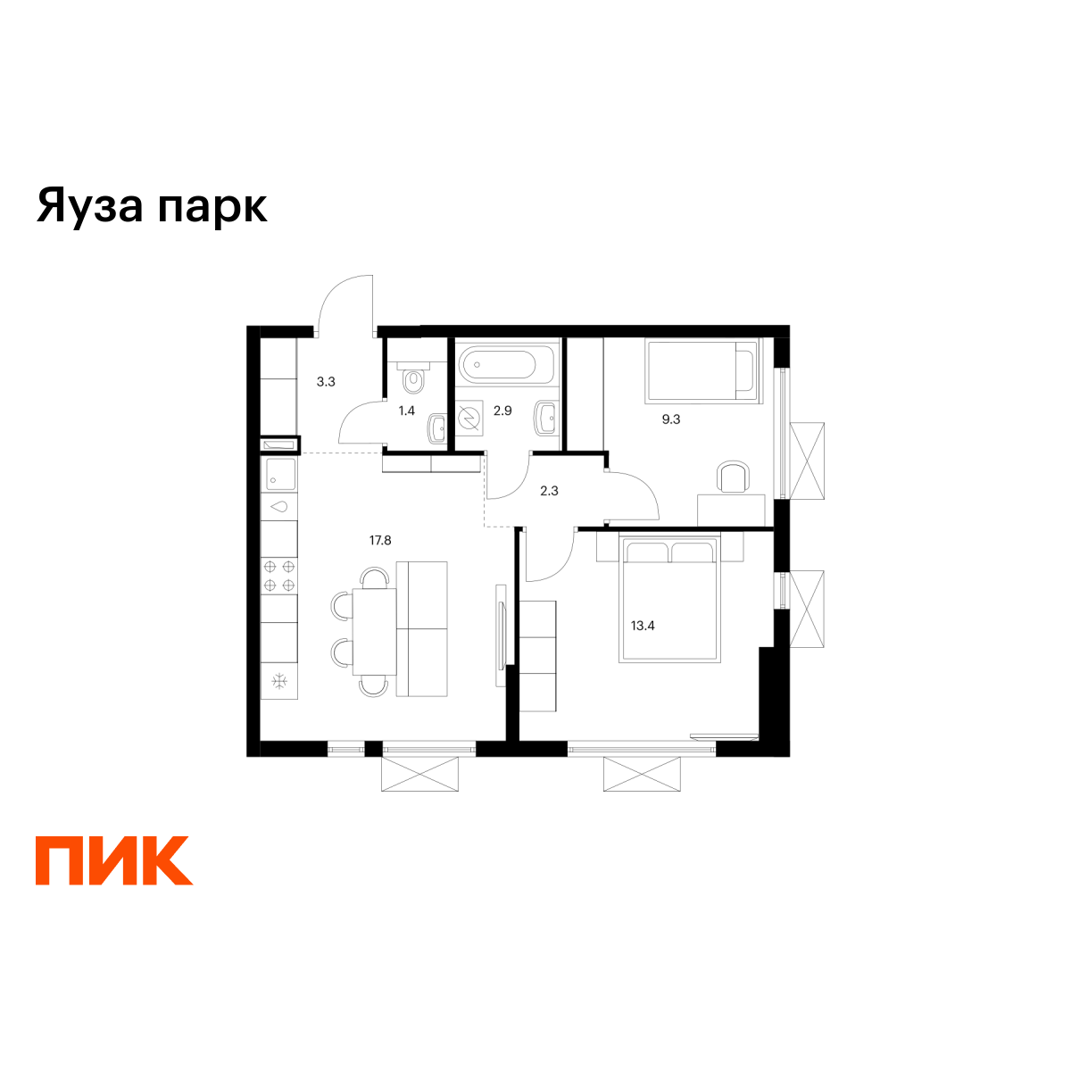 2-комнатная, 50.4 м2, Яуза парк 2-комнатная, 50.4 м2, Яуза парк