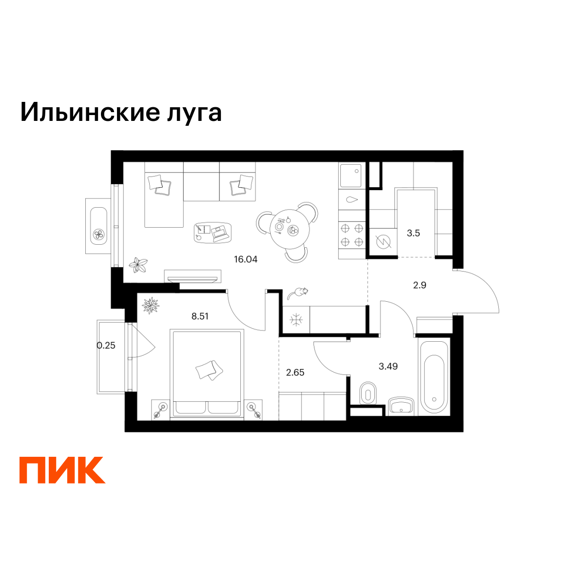 1-комнатная, 37.34 м2, Ильинские луга