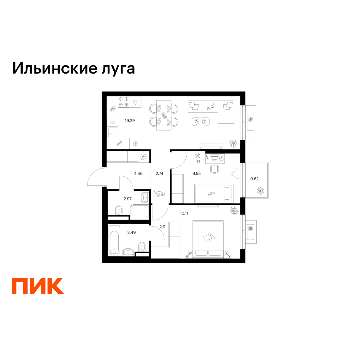 2-комнатная, 56.13 м2, Ильинские луга