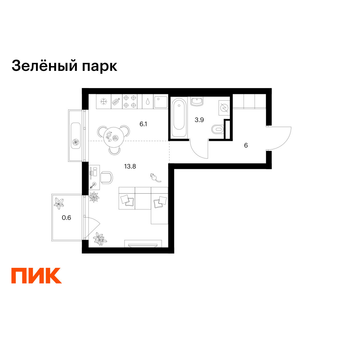 1-комнатная, 30.4 м2, Зелёный Парк 1-комнатная, 30.4 м2, Зелёный Парк