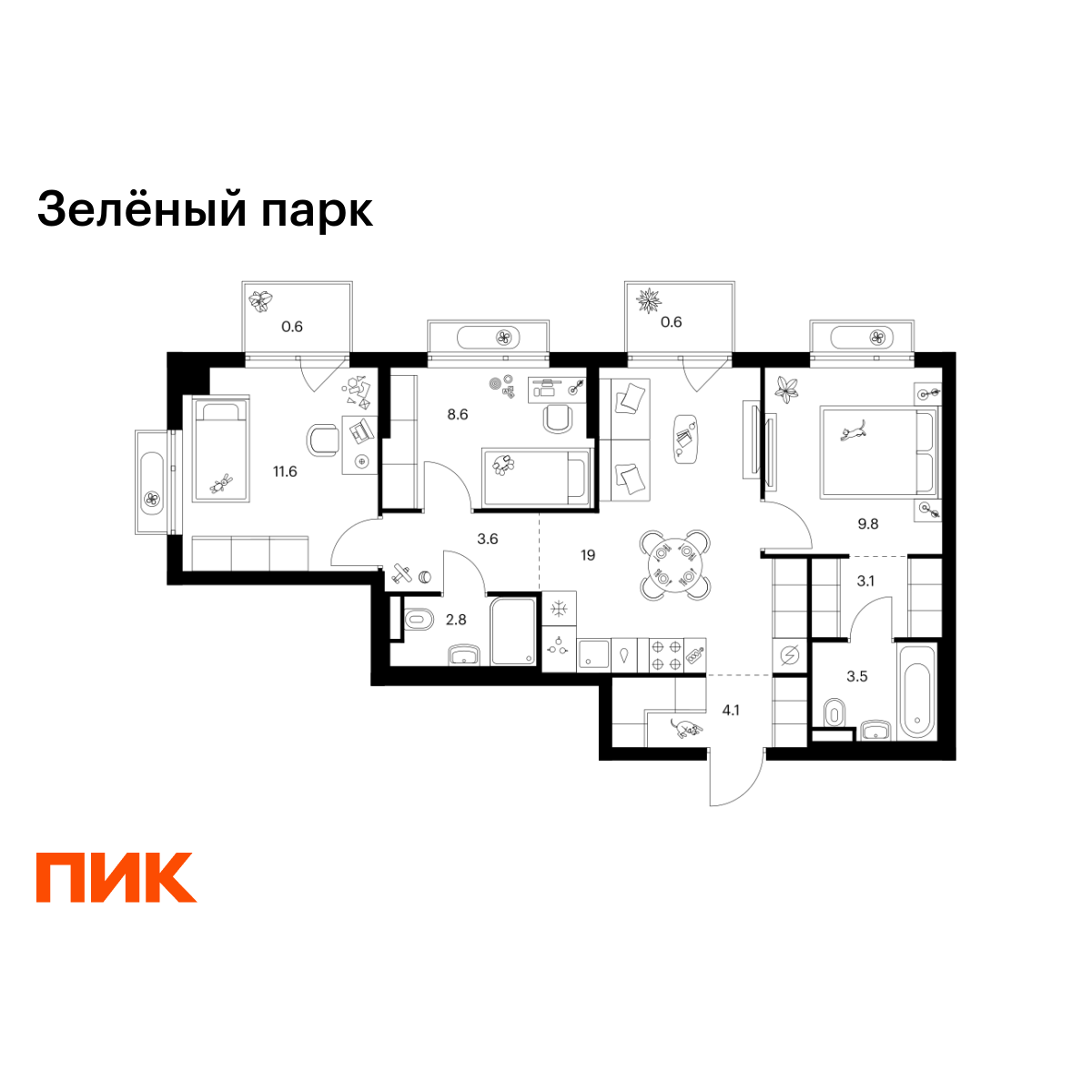 3-комнатная, 67.3 м2, Зелёный Парк 3-комнатная, 67.3 м2, Зелёный Парк