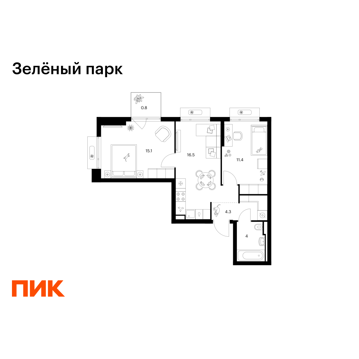 2-комнатная квартира, 52.1 кв.м, Зелёный Парк