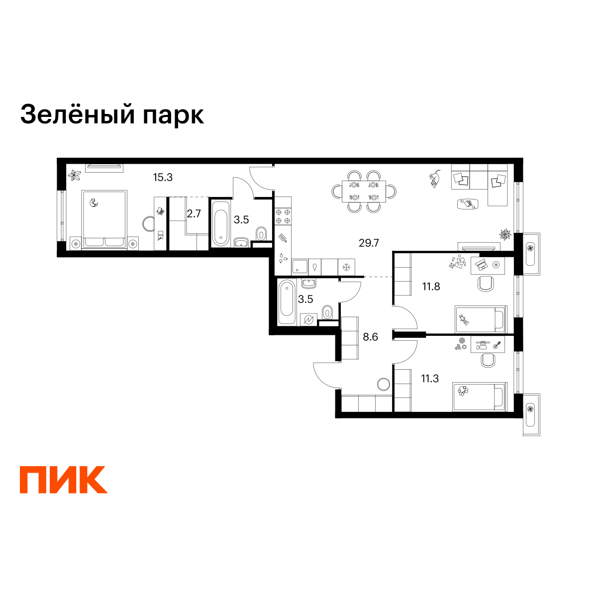 3-комнатная, 86.4 м2, Зелёный Парк