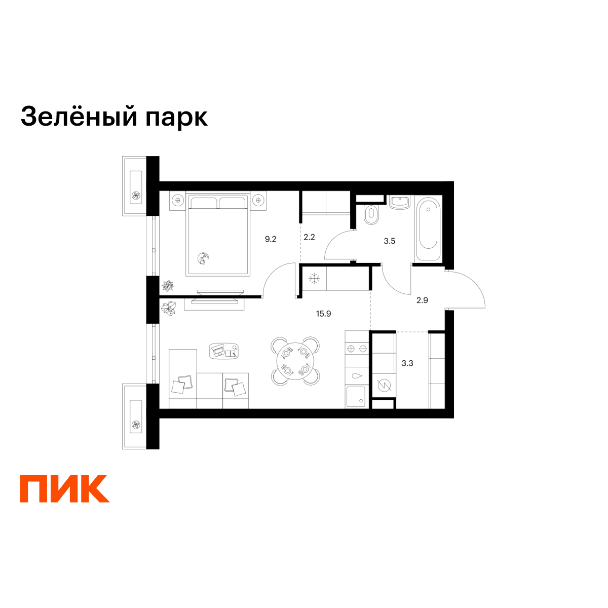 1-комнатная, 37 м2, Зелёный Парк
