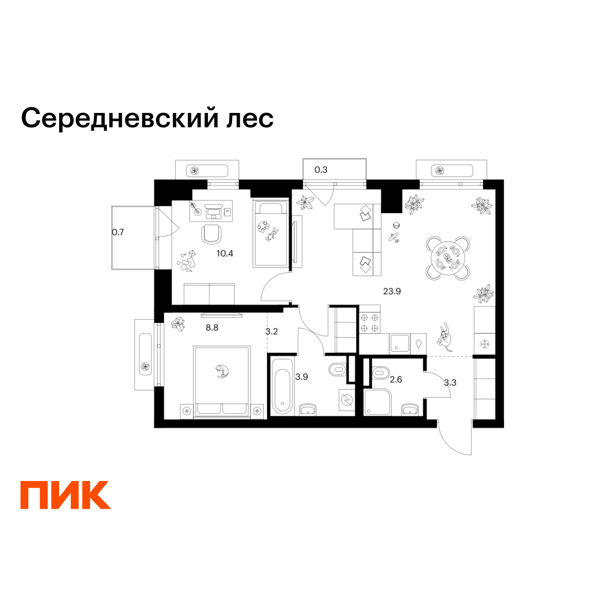 2-комнатная, 57.1 м2, Середневский лес