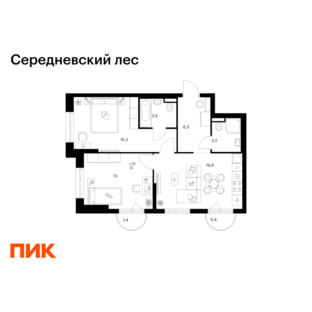 2-комнатная, 59 м2, Середневский лес 2-комнатная, 59 м2, Середневский лес